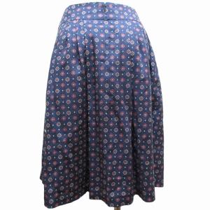 OLD ENGLAND 美品 ロングスカート フレア シルク混 小紋柄 紺 ネイビー 赤 レッド 36 約Sサイズ相当 0607 KK5