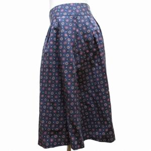 OLD ENGLAND 美品 ロングスカート フレア シルク混 小紋柄 紺 ネイビー 赤 レッド 36 約Sサイズ相当 0607 KK5