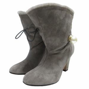 JIMMY CHOO スエード ムートンショートブーツ ヒールシューズ パール ロゴ グレー 36 約23cm 0620 IBO52