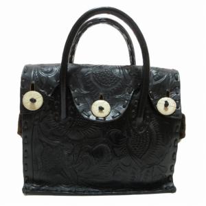 美品 ハンドバッグ カービング レザー 皮革 型押し 花柄 フラワーパターン 黒 ブラック 0604