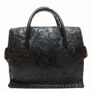 CARVING TRIBES 美品 ハンドバッグ カービング レザー 皮革 型押し 花柄 フラワーパターン 黒 ブラック 0604