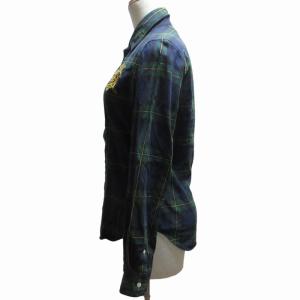 RALPH LAUREN ブラックウォッチ チェックシャツ ブラウス ロゴ刺繍 長袖 紺 ネイビー 緑 グリーン 黄 11 約Mサイズ相当 0609