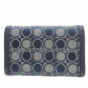 Salvatore Ferragamo 財布 ウォレット キャンバス ガンチーニ 三つ折り レザー 総柄 紺 ネイビー 0606