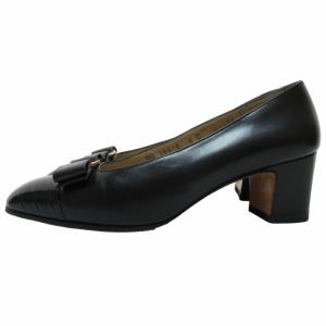 Salvatore Ferragamo ヴァラリボン パンプス B56RA ヒールシューズ クロコ型押し ゴールド金具 ブラック 6D 23.5?p IBO52 0617
