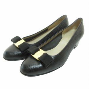 ヴァラ パンプス シューズ 型押し リザード革 黒 ブラック 7 約24?p 0619 IBO52