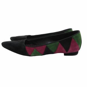 MANOLO BLAHNIK フラットシューズ パンプス スエード レザー 皮革 総柄 黒 ブラック 緑 グリーン 36 23?p 0615 IBO52