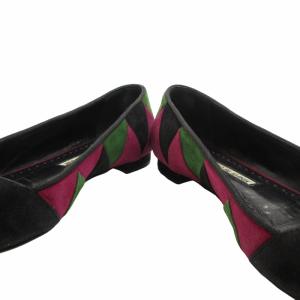 MANOLO BLAHNIK フラットシューズ パンプス スエード レザー 皮革 総柄 黒 ブラック 緑 グリーン 36 23?p 0615 IBO52