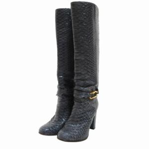 Sergio Rossi ロングブーツ シューズ パイソンレザー チャンキーヒール ゴールド金具 グレー 36 約22.5?23.0?p 0613 IBO52