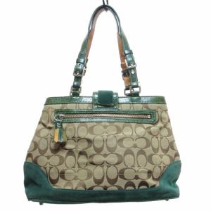 COACH シグネチャー ハンドバッグ ストライプ キャンバス スエード切替 緑 グリーン G04Q-7054 0703