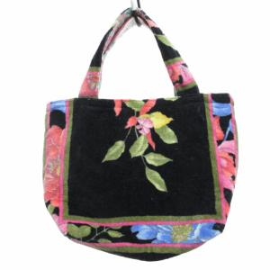 LEONARD 美品 ハンドバッグ 手提げ ロゴ刺繍 パイル タオル地 花柄 フラワーパターン 黒 ブラック ピンク 0703