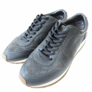 レザー スニーカー ウォーキングシューズ パンチング 花柄 6M 約23.5cm 黒 ブラック IBO54 0803