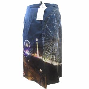 agnes b. プレステージ PRESTIGE タグ付 フランス製 セミタイトスカート 夜景プリント 総柄 ひざ丈 紺 ネイビ? 38 約Mサイズ