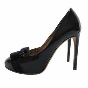 Salvatore Ferragamo パテントレザー ヴァラリボン ピンヒール パンプス シューズ 厚底 エナメル ゴールド×ネイビー 7C 約24.5cm IBO54