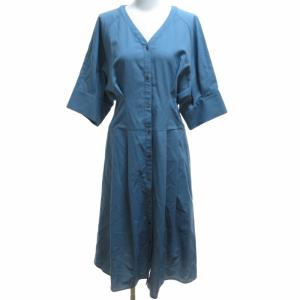 近年 プリペラドビーワンピース ロング Vネック フロントボタン 半袖 青 ブルー 38 Mサイズ 531-0140470