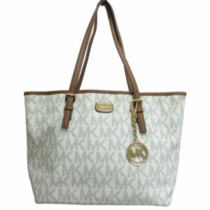 美品 2WAY MKシグネチャートートバッグ ショルダー ロゴプレート PVC×レザー 白 ホワイト 茶 ブラウン 0828