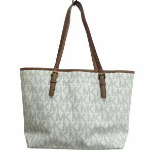 MICHAEL KORS 美品 2WAY MKシグネチャートートバッグ ショルダー ロゴプレート PVC×レザー 白 ホワイト 茶 ブラウン 0828