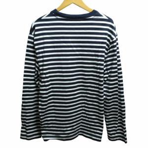 Maison Kitsuné 美品 近年 Tシャツ ボーダー ロゴ 刺繍 長袖 FU00115KJ0044 白 紺 ホワイト ネイビー L 0910