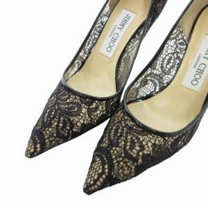 JIMMY CHOO パンプス シューズ ピンヒール レース バイカラー 34 21cm 黒 ブラック ベージュ