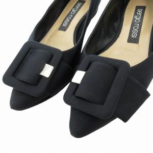 Sergio Rossi SR MILANO MIA スエード サテン パンプス ポインテッドトゥ スクエアバックル ベルト 黒 ブラック 38 約25.0cm