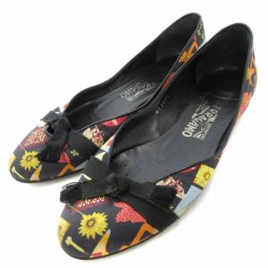 STAMPA フラットシューズ パンプス 総柄 花柄 リボン 7 24.0cm 黒 ブラック