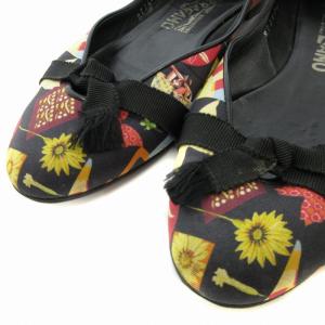 Salvatore Ferragamo STAMPA フラットシューズ パンプス 総柄 花柄 リボン 7 24.0cm 黒 ブラック