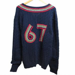 POLO RALPH LAUREN 美品 カシミヤ混 チルデンニット ケーブルニット セーター 襟 バック 刺繍 ウール 長袖 Vネック 紺 ネイビー XL 1016