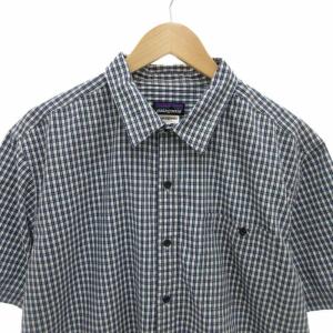 Patagonia シアサッカーシャツ チェック柄 カジュアル 半袖 L 青 ブルー 白 ホワイト 53003SP14