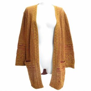ヴィンテージ ニット ロングカーディガン 総柄 長袖 オレンジ M 1028 AA