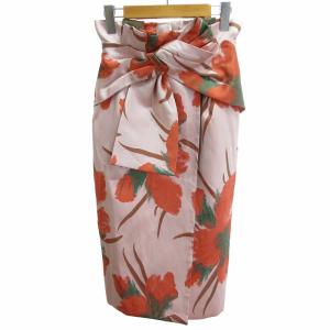 美品 近年 ロングスカート 花柄 ジャガード リボンモチーフ ピンク オレンジ 36 約S 1111 GY09