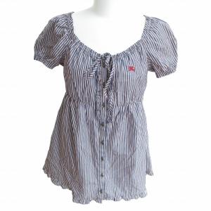 美品 チュニック ブラウス ストライプ ロゴ 刺繍 青 白 ブルー ホワイト 38 約M 1117 GY09