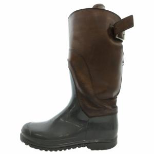 MARNI レインブーツ バックジップ バックベルト 切替 ラバー レザー 38 25cm 茶 ブラウン グレー