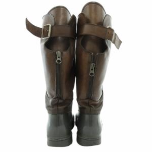 MARNI レインブーツ バックジップ バックベルト 切替 ラバー レザー 38 25cm 茶 ブラウン グレー