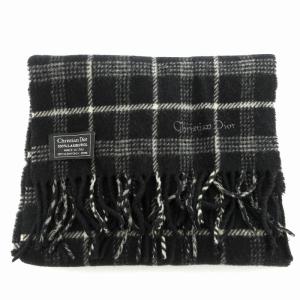 Christian Dior ウールマフラー チェック柄 フリンジ ロゴ 黒 ブラック 白 ホワイト