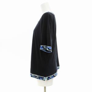 LEONARD FASHION 美品 カットソー ブラウス 半袖 花がら ロゴ LL 黒 ブラック