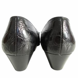 Salvatore Ferragamo レザー パンプス シューズ ヴァラリボン クロコ型押し ゴールド金具 黒 ブラック 7.5B 約24.5cm IBO62 1214