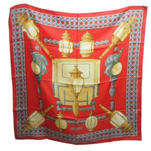 カレ90 FEUX DE ROUTE 馬車のランタン シルク100% スカーフ ストール 大判 赤 レッド AA