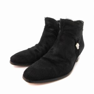 GIANNI VERSACE ハラコ ブーティ ヒールブーツ ロゴ サイドジップ 7 24cm 黒 ブラック