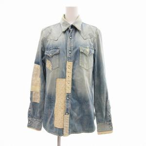 ヴィンテージ加工 デニムシャツ Gジャン パッチワーク ミドル丈 M インディゴブルー