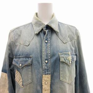 Seveskig ヴィンテージ加工 デニムシャツ Gジャン パッチワーク ミドル丈 M インディゴブルー