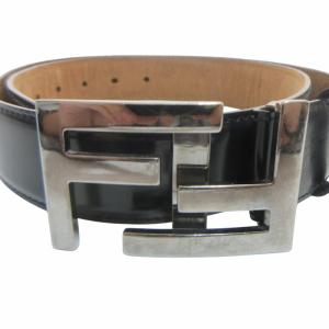 FENDI ズッカロゴバックル ガラスレザー ベルト シルバー金具 皮革 ビジネス フォーマル 黒 ブラック 85