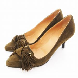 パンプス スエード アーモンドトゥ ピンヒール 35.5 緑 グリーン