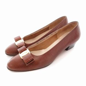 ヴァラ リボンパンプス リザード型押し ラウンドトゥ ヒール 7.5 25cm 茶 ブラウン