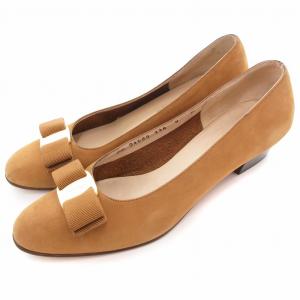 ヴァラ パンプス スエード ラウンドトゥ チャンキーヒール 7 24.5cm キャメル