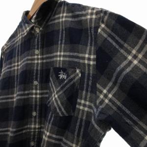 STUSSY CLASSIC 美品 フランネルチェックシャツ 長袖 ロゴ刺繍 M 青 ブルー