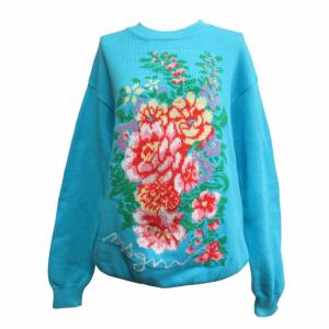 MSGM Flower Crewneck Knit フラワー柄 ニット セーター プルオーバー オーバーサイズ ロゴ 水色 ブルー Mサイズ