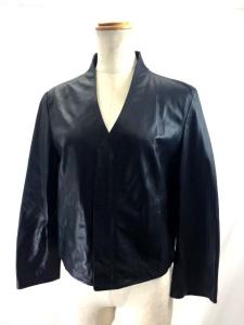 美品 レザージャケット ノーカラー ラムレザー 40 紺 ネイビー 国内正規