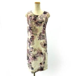 ノースリーブワンピース ドレス ひざ丈 花柄 パープル 白 ホワイト 40 M
