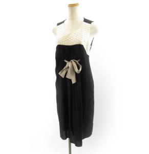 ノースリーブワンピース ドレス シルク ひざ丈 リボン 黒 ブラック 38 M