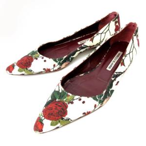パンプス フラットシューズ 花柄プリント サテン 白 レッド 37 1