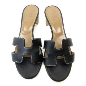HERMES オラン サンダル ミュール Hモチーフ レザー 黒 ブラック 35